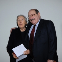 Foto Nicoloro G. 29/02/2016 Milano Panoramica di foto d' archivio di Umberto Eco. nella foto Umberto Eco, qui con l' architetto Gae Aulenti, interviene al dibattito, presso la Fondazione SUM, per la presentazione del progetto di alta formazione post laurea.