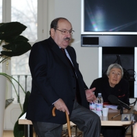 Foto Nicoloro G. 29/02/2016 Milano Panoramica di foto d' archivio di Umberto Eco. nella foto Umberto Eco interviene al dibattito, presso la Fondazione SUM, per la presentazione del progetto di alta formazione post laurea, e dietro si intravede l' architetto Gae Aulenti.