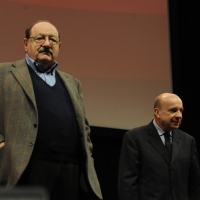 Foto Nicoloro G. 29/02/2016 Milano Panoramica di foto d' archivio di Umberto Eco. nella foto Umberto Eco, qui con Gustavo Zagrebelsky, interviene alla manifestazione indetta da Libertà e Giustizia dal titolo ' Resignation-Dimissioni '.