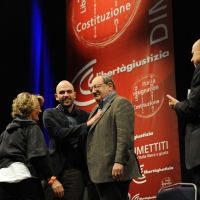 Foto Nicoloro G. 29/02/2016 Milano Panoramica di foto d' archivio di Umberto Eco. nella foto Umberto Eco, qui con Gustavo Zagrebelsky, Roberto Saviano e Sandra Bonsanti, interviene alla manifestazione indetta da Libertà e Giustizia dal titolo ' Resignation-Dimissioni '.