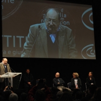 Foto Nicoloro G. 29/02/2016 Milano Panoramica di foto d' archivio di Umberto Eco. nella foto Umberto Eco interviene alla manifestazione indetta da Libertà e Giustizia dal titolo ' Resignation-Dimissioni ' alla presenza tra gli altri di Roberto Saviano.