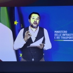 Foto Nicoloro G.   07/11/2023   Rimini   26° edizione di Ecomondo, evento internazionale di riferimento in Europa e nel bacino del Mediterraneo per la tecnologia, i servizi e le soluzioni nei settori dell' Economia Verde e Circolare. nella foto l' intervento video del ministro Matteo Salvini.