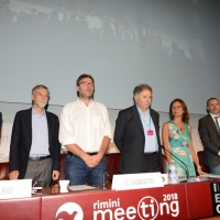 Foto Nicoloro G. 20/08/2018 Rimini Seconda giornata dell' edizione 2018 del Meeting di C.L. che quest' anno ha per tema ' Le forze che muovono la storia sono le stesse che rendono l' uomo felice '. nella foto da sinistra Maurizio Lupi, Graziano Delrio, Giancarlo Giorgetti, Giorgio Vittadini, Mariastella Gelmini, Massimiliano Romeo e Gabriele Toccafondi.