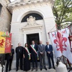 Foto Nicoloro G.   11/09/2022   Ravenna    Cerimonia per il 701° annuale della morte di Dante. nella foto davanti alla tomba di Dante, da sinistra, l' arcivescovo Lorenzo Ghizzoni, l' assessora di Firenze Maria Federica Giuliani, il sindaco Michele de Pascale, il presidente ABI Antonio Patuelli e il prefetto Castrese de Rosa.