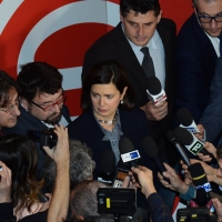 Foto Nicoloro G. 18/02/2017 Rimini Seconda giornata del Congresso fondativo di Sinistra Italiana. nella foto la presidente della Camera Laura Boldrini risponde ai giornalisti.