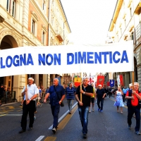 Foto Nicoloro G. 02/08/2016 Bologna, Trentaseiesimo anniversario della strage alla stazione di Bologna. nella foto Uno striscione lungo il corteo