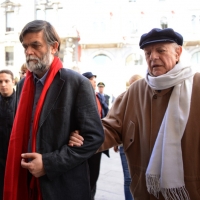 Foto Nicoloro G. 30/05/2013 Milano E' stata allestita nel Piccolo Teatro di via Rovello la camera ardente per Franca Rame, l' attrice si è spenta a 84 anni nella sua casa di Porta Romana a Milano. nella foto Jacopo Fo – Dario Fo