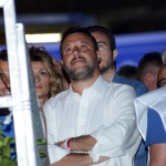 Foto Nicoloro G.   03/08/2019   Cervia ( Ra )   Festa della Lega Romagna. nella foto il ministro Matteo Salvini assiste da sotto il palco alla esibizione di alcuni ' frustatori romagnoli '.