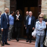 Foto Nicoloro G.   24/05/2023   Localita' San Pancrazio - Russi ( Ravenna ).   Si sono svolti nella Pieve di San Pancrazio i funerali di Stato di due delle 15 vittime accertate in seguito all' alluvione che ha colpito le zone del ravennate. nella foto il prefetto Castrese de Rosa e la ministra Anna Maria Bernini all' uscita dalla chiesa a fine cerimonia.