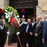 Foto Nicoloro G.   24/05/2023   Localita' San Pancrazio - Russi ( Ravenna ).   Si sono svolti nella Pieve di San Pancrazio i funerali di Stato di due delle 15 vittime accertate in seguito all' alluvione che ha colpito le zone del ravennate. nella foto la corona del Governo esce dalla chiesa sotto lo sguardo del prefetto Castrese de Rosa e la ministra Anna Maria Bernini.