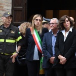 Foto Nicoloro G.   24/05/2023   Localita' San Pancrazio - Russi ( Ravenna ).   Si sono svolti nella Pieve di San Pancrazio i funerali di Stato di due delle 15 vittime accertate in seguito all' alluvione che ha colpito le zone del ravennate. nella foto da sinistra la sindaca di Russi Valentina Palli, il prefetto Castrese de Rosa e la ministra Anna Maria Bernini.