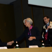Foto Nicoloro G.  09/12/2014    Milano    Inaugurazione dell' Anno Accademico 2014-2015 dell' Università Bocconi. nella foto da sinistra il  presidente Bocconi Mario Monti, il direttore generale del FMI Christine Lagarde e il rettore Bocconi Andrea Sironi.