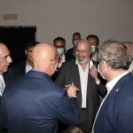 Foto Nicoloro G.   02/09/2021   Fusignano ( Ra )   Inaugurazione della mostra dedicata ad Arrigo Sacchi dal titolo  ' Oltre il sogno. L' emozione del calcio totale di Arrigo Sacchi '. nella foto il governatore dell' Emilia-Romagna saluta al suo arrivo Arrigo Sacchi.