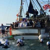 Foto Nicoloro G.  01/06/2014  Cervia ( Ravenna )  570° edizione dello " Sposalizio del Mare ". nella foto tutti i partecipanti  pronti ad immergersi mentre l' arcivescovo lancia in mare l' anello.