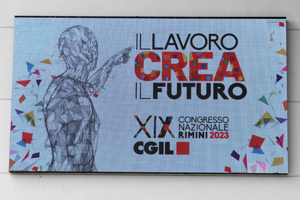 Foto Nicoloro G.   15/03/2023   Rimini   Prima giornata del XIX Congresso Nazionale CGIL dal titolo ' Il lavoro crea il futuro '.   nella foto il manifesto del Congresso.