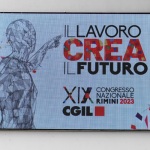 Foto Nicoloro G.   15/03/2023   Rimini   Prima giornata del XIX Congresso Nazionale CGIL dal titolo ' Il lavoro crea il futuro '.   nella foto il manifesto del Congresso.