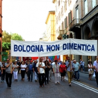 Foto Nicoloro G.  02/08/2014  Bologna    34esimo anniversario della strage alla stazione di Bologna. nella foto uno striscione lungo il corteo.