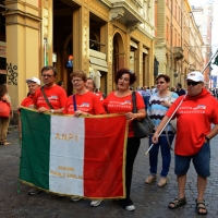 Foto Nicoloro G.  02/08/2015   Bologna   Trentacinquesimo anniversario della strage alla stazione di Bologna. nella foto striscioni, bandiere e gonfaloni lungo il corteo.