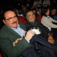 Foto Nicoloro G. 29/02/2016 Milano Panoramica di foto d' archivio di Umberto Eco. nella foto da sinistra Umberto Eco e Carlo De Benedetti al teatro Smeraldo per la manifestazione di ' Giustizia e Libertà ' del 12/03/2012 dal titolo ' Dissociarsi per ricordare. Dipende da noi '.