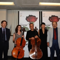 Foto Nicoloro G. 29/02/2016 Milano Panoramica di foto d' archivio di Umberto Eco. nella foto Umberto Eco ospite alla Milanesiana del 04/07/2011 in una foto di gruppo con Elisabetta Sgarbi, l' editore Mario Andreose e il violoncellista Giovanni Sollima.