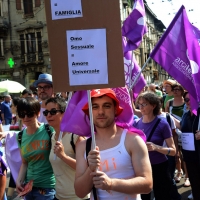 Foto Nicoloro G.    27/06/2015  Milano    Dodicesima edizione del " Milano Gay Pride " che con lo slogan " I diritti nutrono il pianeta " ha visto sfilare in corteo 100.000 partecipanti. nella foto manifestanti lungo il corteo.