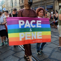 Foto Nicoloro G.   27/06/2015  Milano    Dodicesima edizione del " Milano Gay Pride " che con lo slogan " I diritti nutrono il pianeta " ha visto sfilare in corteo 100.000 partecipanti. nella foto un partecipante lungo il corteo.