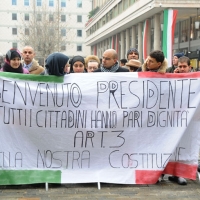 Foto Nicoloro G. 07/01/2011 Reggio Emilia Primo appuntamento ufficiale per i 150 anni dell’ Unita’ d’ Italia alla presenza del capo dello Stato. nella foto Uno striscione davanti al teatro Valli