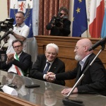 Foto NIcoloro G.  30/05/2023   Faenza (RA)   Tappa a Faenza del presidente Sergio Mattarella nel giro di visite alle zone alluvionate della Romagna. nella foto da sinistra il sindaco di Ravenna Michele de Pascale, il sindaco di Faenza Massimo Isola, il presidente Sergio Mattarella e il governatore dell\' Emilia-Romagna Stefano Bonaccini.
