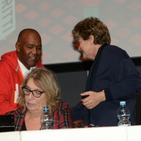 Foto Nicoloro G. 13/12/2018 Riccione ( Rimini ) Seconda giornata del 27° Congresso Nazionale FIOM-CGIL. nella foto la segretaria generale CGIL Susanna Camusso saluta il segretario SNTI di Cuba Emilio Perez Estrada.