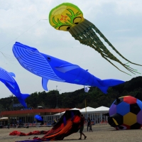 Foto Nicoloro G.  26/04/2014   Cervia (Ravenna)  Trentaquattresima edizione del " Festival internazionale dell' Aquilone " organizzato da Artevento. Ospiti d' onore i Maori della Nuova Zelanda e partecipanti da tutto il Mondo. nella foto alcuni aquiloni giganti.
