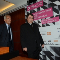 Foto Nicoloro G. 19/08/2018 Rimini Edizione 2018 del Meeting di C.L. che quest\' anno ha per tema \' Le forze che muovono la storia sono le stesse che rendono l\' uomo felice \': nella foto l\' onorevole Luciano Violante e l\' arcivescovo Christophe Pierre.