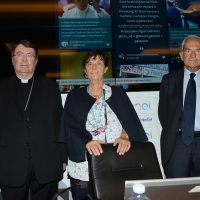 Foto Nicoloro G. 19/08/2018 Rimini Edizione 2018 del Meeting di C.L. che quest\' anno ha per tema \' Le forze che muovono la storia sono le stesse che rendono l\' uomo felice \': nella foto da sinistra l\' arcivescovo Christophe Pierre, Emilia Guarnieri e Luciano Violante.