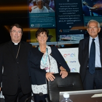 Foto Nicoloro G. 19/08/2018 Rimini Edizione 2018 del Meeting di C.L. che quest\' anno ha per tema \' Le forze che muovono la storia sono le stesse che rendono l\' uomo felice \': nella foto da sinistra l\' arcivescovo Christophe Pierre, Emilia Guarnieri e Luciano Violante.