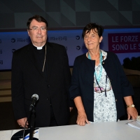 Foto Nicoloro G. 19/08/2018 Rimini Edizione 2018 del Meeting di C.L. che quest' anno ha per tema ' Le forze che muovono la storia sono le stesse che rendono l' uomo felice '. nella foto l' arcivescovo Christophe Pierre e Emilia Guarnieri, presidente Fondazione Meeting.