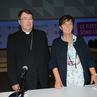 Foto Nicoloro G. 19/08/2018 Rimini Edizione 2018 del Meeting di C.L. che quest' anno ha per tema ' Le forze che muovono la storia sono le stesse che rendono l' uomo felice '. nella foto l' arcivescovo Christophe Pierre e Emilia Guarnieri, presidente Fondazione Meeting.