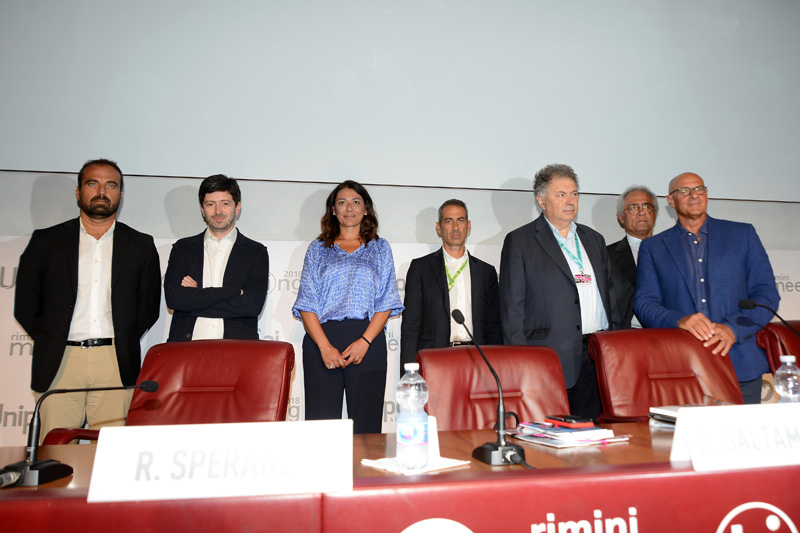 Foto Nicoloro G. 21/08/2018 Rimini Terza giornata dell\' edizione 2018 del Meeting di C.L. che quest\' anno ha per tema \' Le forze che muovono la storia sono le stesse che rendono l\' uonmo felice \'. nella foto da sinistra Luigi Marattin, Roberto Speranza, Barbara Saltamartini, Sandro Bicocchi, Giorgio Vittadini Giorgio Quagliuolo, Fabio Rampelli.