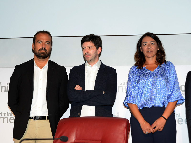 Foto Nicoloro G. 21/08/2018 Rimini Terza giornata dell\' edizione 2018 del Meeting di C.L. che quest\' anno ha per tema \' Le forze che muovono la storia sono le stesse che rendono l\' uonmo felice \'. nella foto da sinistra Luigi Marattin, Roberto Speranza e Barbara Saltamartini.
