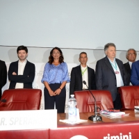 Foto Nicoloro G. 21/08/2018 Rimini Terza giornata dell\' edizione 2018 del Meeting di C.L. che quest\' anno ha per tema \' Le forze che muovono la storia sono le stesse che rendono l\' uonmo felice \'. nella foto da sinistra Luigi Marattin, Roberto Speranza, Barbara Saltamartini, Sandro Bicocchi, Giorgio Vittadini Giorgio Quagliuolo, Fabio Rampelli.