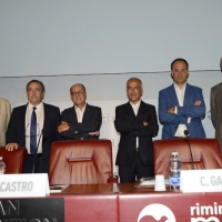 Foto Nicoloro G. 21/08/2018 Rimini Terza giornata dell' edizione 2018 del Meeting di C.L. che quest' anno ha per tema ' Le forze che muovono la storia sono le stesse che rendono l' uomo felice '. nella foto da sinistra Stefano Berni, Nicola Semeraro, Paolo De Castro, Camillo Gardini, Roberto Moncalvo e Alessandro Malavolti.