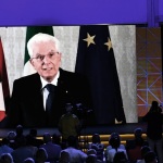 Foto Nicoloro G.   20/08/2021   Rimini    Prima giornata della 42° edizione del Meeting di Comunione e Liberazione che quest' anno ha per titolo ' Il coraggio di dire io '. nella foto il presidente Sergio Mattarella in diretta video interviene al Meeting.