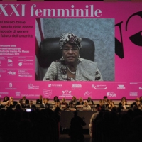 Foto Nicoloro G. 23/10/2011 Rimini Ultimo dei tre giorni della quarantaduesima edizione delle Giornate internazionali di studio Pio Manzu’, quest’ anno tutte al femminile e intitolate ” XXI femminile. Dal secolo breve al secolo delle donne. Risposte di genere al futuro dell’ umanita’ “. nella foto L'intervento di Ellen Johnson-Sirleaf