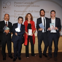 Foto Nicoloro G. 31/08/2012 Venezia Cinquantesima edizione del Premio Campiello promosso e organizzato da Confindustria Veneto. Nella sede del Casino’ di Venezia serata di premiazione dei cinque autori finalisti. nella foto Carmine Abate – Marcello Fois – Francesca Melandri – Marco Missiroli – Giovanni Montanaro