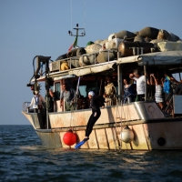 Foto Nicoloro G.   17/05/2015  Cervia ( Ravenna )   571° edizione dello \" Sposalizio del Mare \", antico rito che ha il suo momento caratterizzante nel lancio in mare dell\' anello da parte dell\' arcivescovo e l\' immediata sfida tra pescatori per recuperarlo dalle acque. nella foto i pescatori dell\' anello si lanciano in mare.
