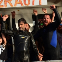 Foto Nicoloro G.   17/05/2015  Cervia ( Ravenna )   571° edizione dello " Sposalizio del Mare ", antico rito che ha il suo momento caratterizzante nel lancio in mare dell' anello da parte dell' arcivescovo e l' immediata sfida tra pescatori per recuperarlo dalle acque. nella foto  il vincitore Enea Puntiroli con in mano l' anello festeggiato dai suoi compagni.
