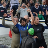 Foto Nicoloro G. 08/05/2016 Cervia ( Ravenna ) 572ma edizione dello ' Sposalizio del Mare ', cerimonia che dal 1445 testimonia l' indissolubile rapporto tra la cittadina romagnola e il mare. La manifestazione mostra il massimo della spettacolarità nel tradizionale rito della ' pesca dell' anello ', dove i giovani cervesi si contendono il trofeo che il vescovo lancia in mare. nella foto l' esultante Filippo Giulianini che per la terza volta si aggiudica l' ambito trofeo.