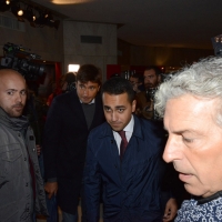 Foto Nicoloro G 14/10/2016 Milano Allestita nel Teatro Strehler la camera ardente per Dario Fo, meta di personaggi e gente comune che hanno voluto rendere omaggio al Premio Nobel scomparso. nella foto i leaders del M5S Luigi Di Maio e Alessandro Di Battista.
