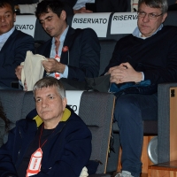 Foto Nicoloro G. 17/02/2017 Rimini Si e' aperto il Congresso fondativo di Sinistra Italiana. nella foto Nichi Vendola, seduto in bassoa, e in alto Nicola Fratoianni, a sinistra, e Maurizio Landini.