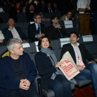 Foto Nicoloro G. 18/02/2017 Rimini Seconda giornata del Congresso fondativo di Sinistra Italiana. nella foto la presidente della Camera Laura Boldrini tra Nichi Vendola e Nicola Fratoianni.