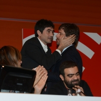 Foto Nicoloro G. 19/02/2017 Rimini Terza giornata conclusiva del Congresso fondativo di Sinistra Italiana. nella foto Nicola Fratoianni abbraccia Pippo Civati che ha appena concluso il suo intervento.