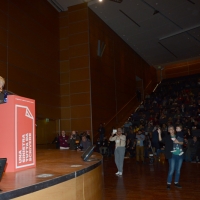 Foto Nicoloro G.  19/02/2017    Rimini   Terza giornata conclusiva del Congresso fondativo di Sinistra Italiana. nella foto il piccolo Tobia, in braccio ad una donna, osserva il papa' adottivo Nichi Vendola mentre interviene dal palco.